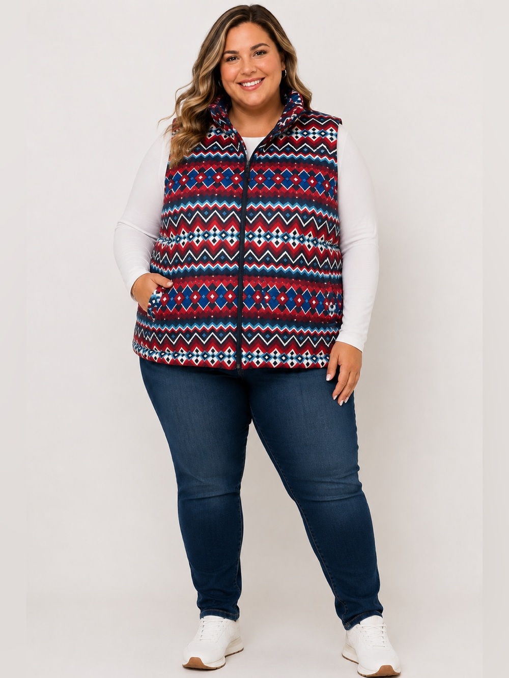 Lands End Down Puffer VestFull Zip Multicolor Aztec Design Size 3X